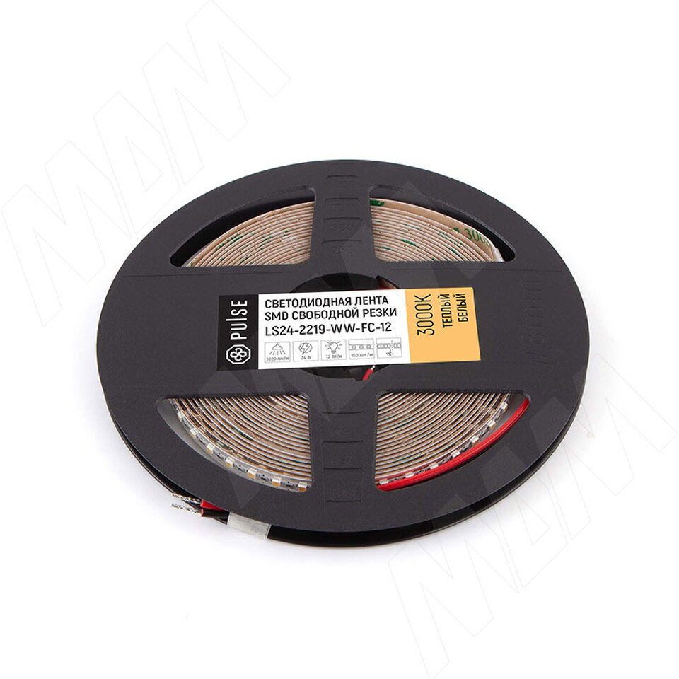 Фото PULSE ЛЮКС Лента светодиодная 2219/150, 24V, свободная резка, 5 м, CRI 90, теплый белый 3000К, IP20, 12W/1м, LUX (LS24-2219-WW-FC-12)