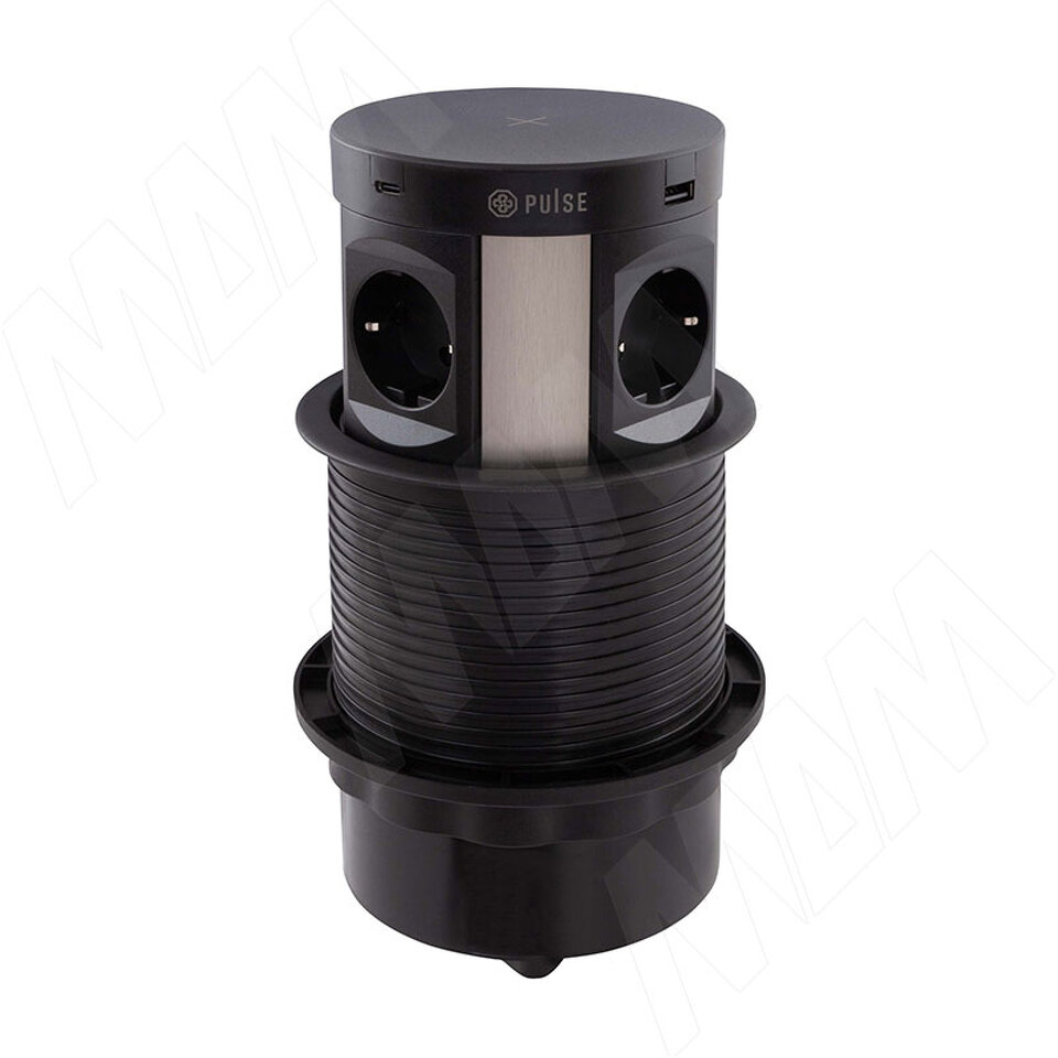 Фото PULSE ПУФФ Выдвижной блок розеток, d=122 мм, 4 розетки, 2 USB, 2 USB Type-C, быстрая зарядка, беспроводная зарядка, черный, PUFF (PU-120-4S2A2C-FW-BL)
