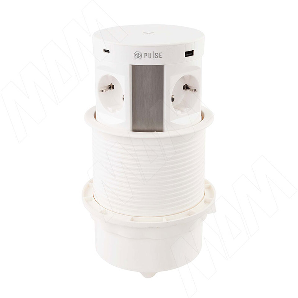 Фото PULSE ПУФФ Выдвижной блок розеток, d=122 мм, 4 розетки, 2 USB, 2 USB Type-C, быстрая зарядка, беспроводная зарядка, белый, PUFF (PU-120-4S2A2C-FW-WH)