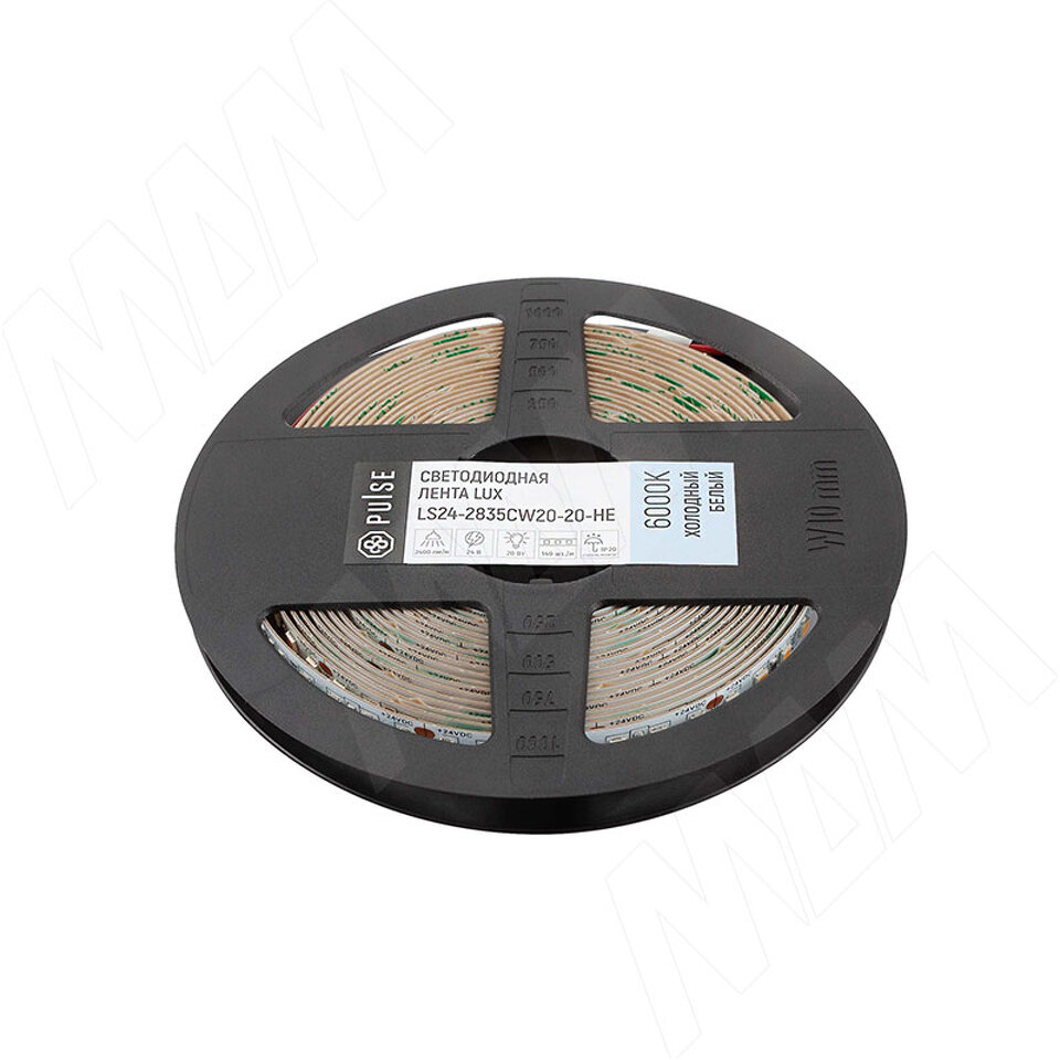 Фото PULSE ЛЮКС Лента светодиодная 2835/140, 24V, 5 м, сверхъяркая, CRI 90, холодный белый 6000К, IP20, 20W/1м, LUX (LS24-2835CW20-20-HE)