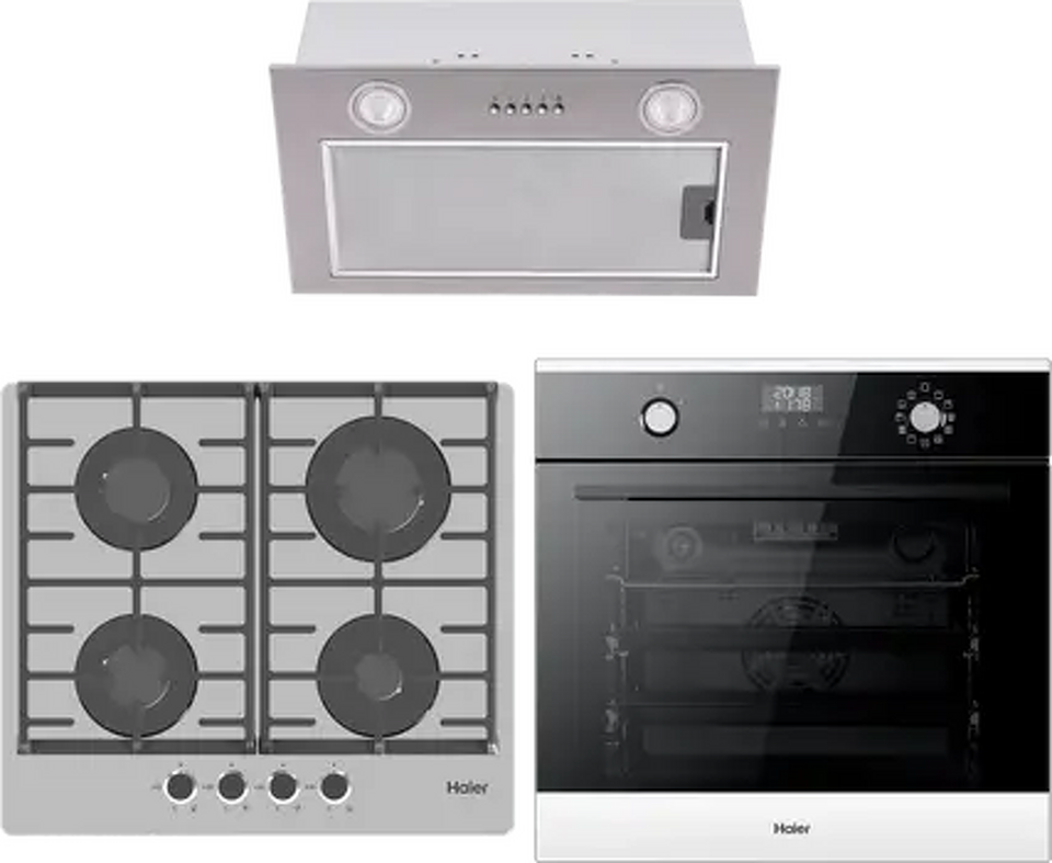 Фото Haier духовой шкаф HOX-P11CGBG + газовая варочная панель HHX-G64CNG + вытяжка HVX-BI671X