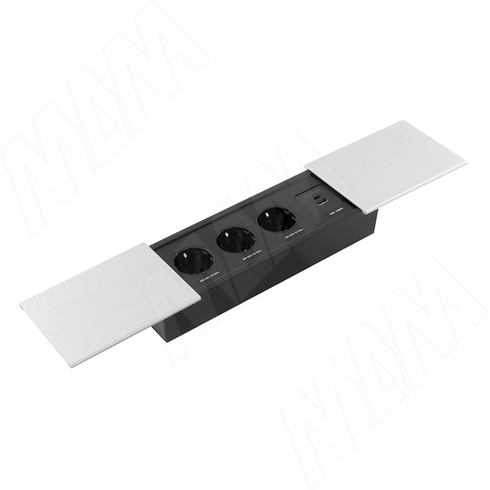 Фото PULSE СЛАЙД Блок розеток с раздвижными крышками, 280х72 мм, 3 розетки, 1 USB, 1 USB Type-C, быстрая зарядка, серебро, SLIDE (SLS-S-3S1A1C-F2-Al)
