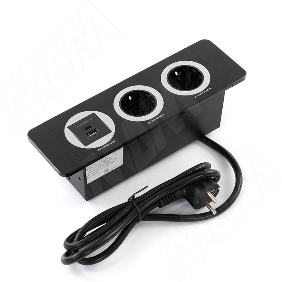 Фото PULSE ДЕСК Открытый блок розеток, 254*80 мм, 2 розетки, 1 USB, 1 USB Type-C, быстрая зарядка, черный, DESK (DS-S-2S1A1C-F-BL)