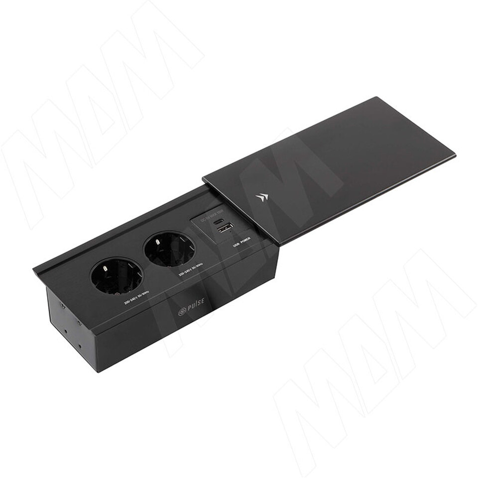 Фото PULSE СЛАЙД Блок розеток со сдвижной крышкой, 190*100 мм, 2 розетки, 1 USB, 1 USB Type-C, быстрая зарядка, черный, SLIDE (SLS-S-2S1A1C-F-BL)