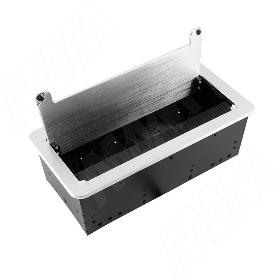 Фото PULSE ФЛИП Блок розеток с откидной крышкой, 265*129 мм, 3 розетки, 1 USB, 1 USB Type-C, быстрая зарядка, серебро, FLIP (FU-S-3S1A1C-F-AL)