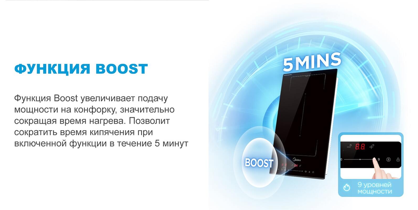Преимущества Индукционная варочная панель домино Midea MIH37707F