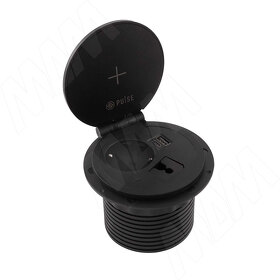Картинка PULSE ФЛИП Блок розеток с откидной крышкой,  d=105 мм, 1 розетка, 1 USB, 1 USB Type-C,  быстрая зарядка, беспроводная зарядка, черный, FLIP (FU-80-1S1A1C-FWH-BL)