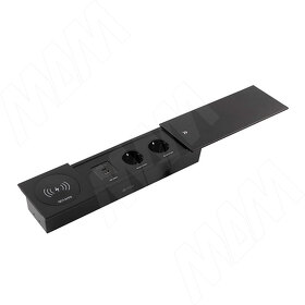 Картинка PULSE СЛАЙД Блок розеток со сдвижной крышкой, 350*100 мм, 2 розетки, 1 USB, 1 USB Type-C, быстрая зарядка, беспроводная зарядка, черный, SLIDE (SLS-S-2S1A1C-FW-BL)