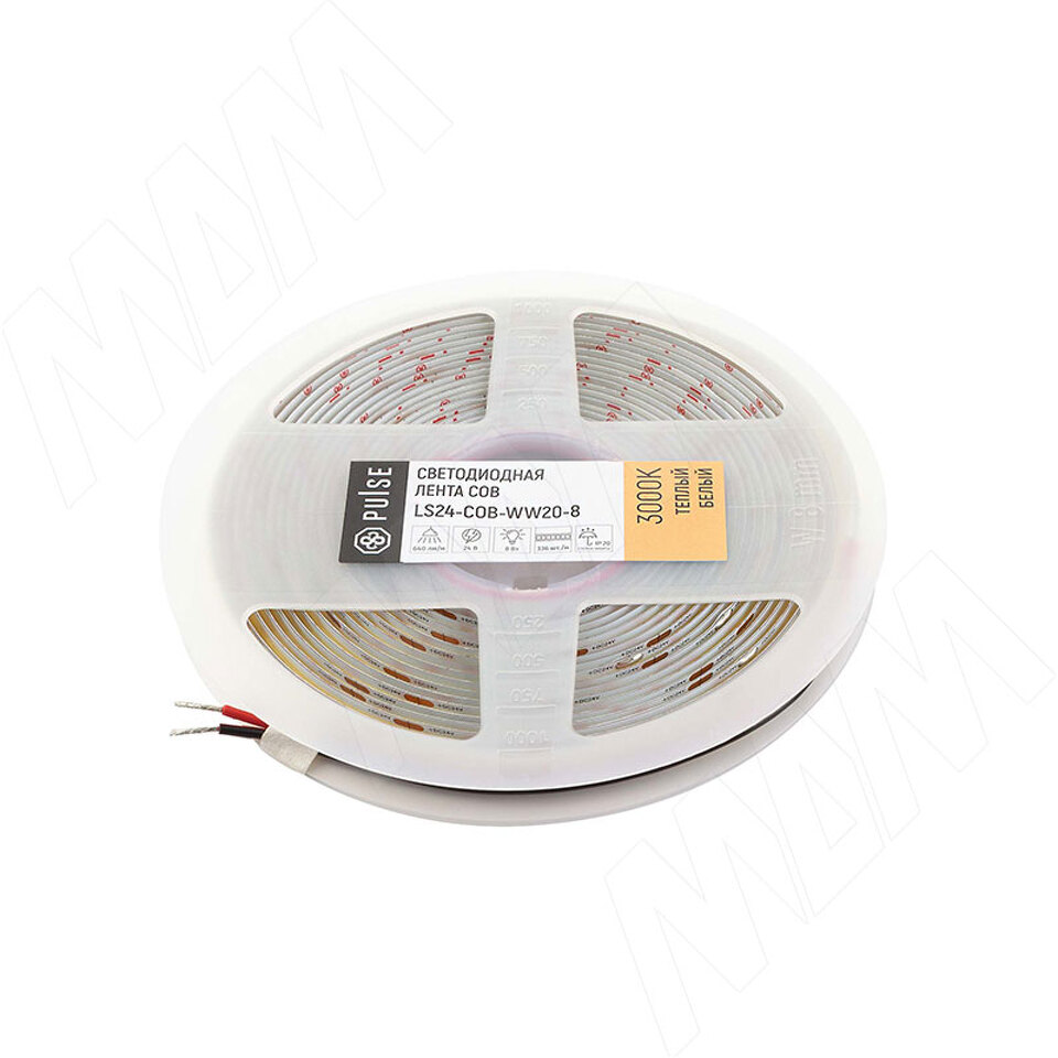 Фото PULSE ЛЮКС COB лента светодиодная, 420 диодов, 24V, 5 м, CRI 90, теплый белый 3000К, IP20, 10W/1м, LUX (LS24-COB-WW20-8)