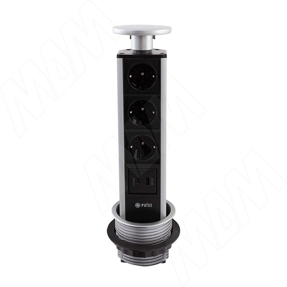 Фото PULSE ПОСТ Выдвижной блок розеток, d=90 мм, 3 розетки, 1 USB, 1 USB Type-C, быстрая зарядка, серебро, POST (PO-90-3S1A1C-F-AL)