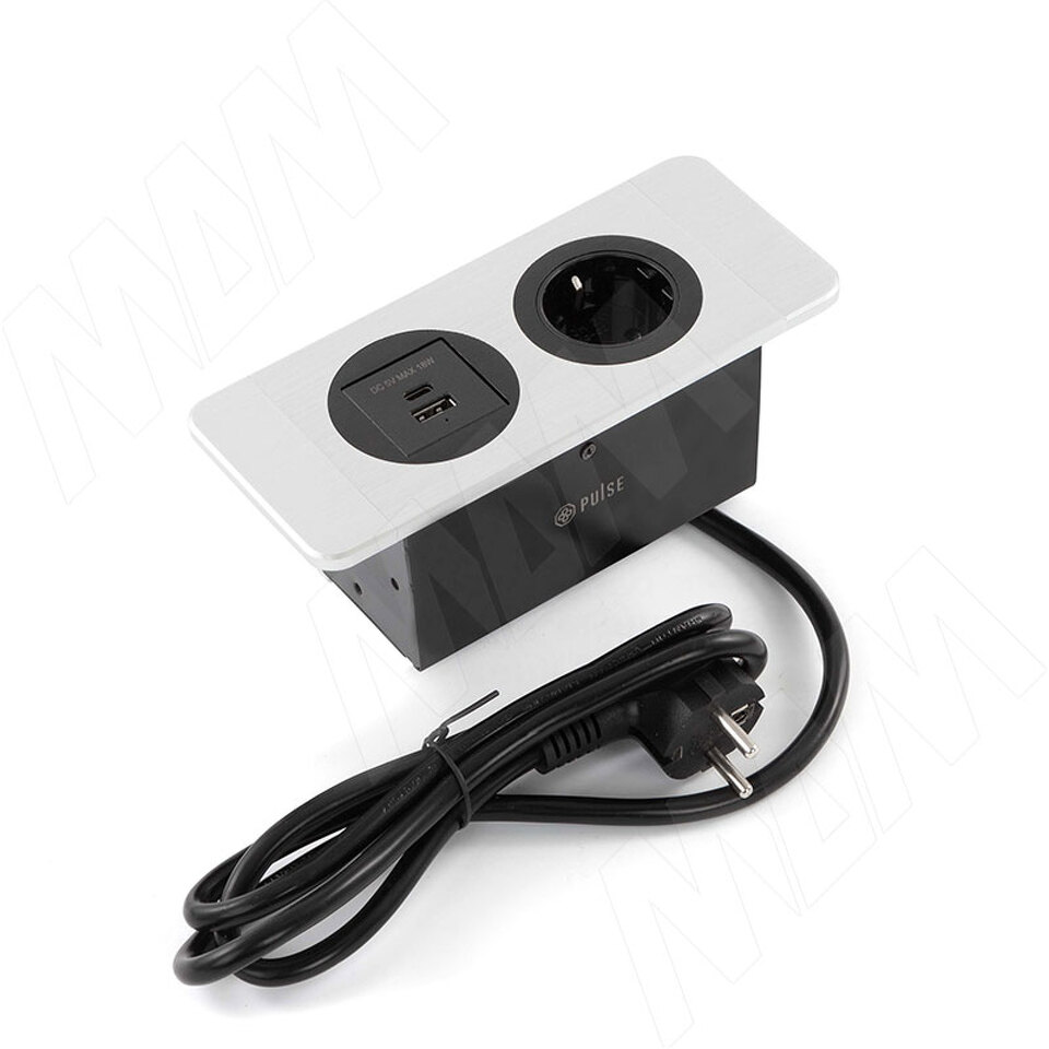 Фото PULSE ДЕСК Открытый блок розеток,  188*80 мм, 1 розетка, 1 USB, 1 USB Type-C, быстрая зарядка, серебро, DESK (DS-S-1S1A1C-F-AL)