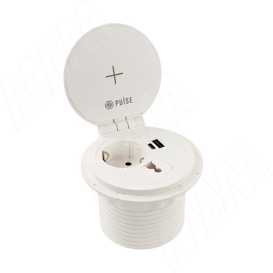 Фото PULSE ФЛИП Блок розеток с откидной крышкой,  d=105 мм, 1 розетка, 1 USB, 1 USB Type-C,  быстрая зарядка, беспроводная зарядка, белый, FLIP (FU-80-1S1A1C-FWH-WH)