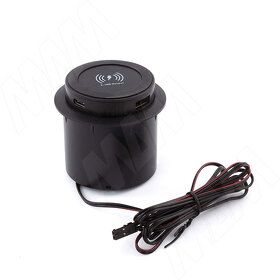 Картинка PULSE ПУФФ Выдвижной блок розеток, d=60 мм, 1 USB, 1 USB Type-C, 12V беспроводная зарядка, 15W, черный, PUFF (PU-60-1A1C-W-BL)
