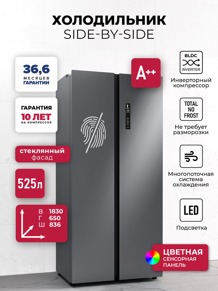Фото  Холодильник side by side Lex LSB525 graphite point холодильник двухкамерный отдельностоящий с инвертором