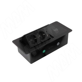 Картинка PULSE ПОП-АП Выдвижной блок розеток, 265*118 мм, 2 розетки, 1 USB, 1 USB Type-C, быстрая зарядка, беспроводная зарядка, черный, POP-UP (PU-S-2S1A1C-FW-BL)
