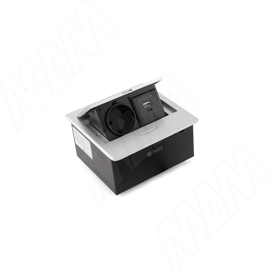 Фото PULSE ПОП-АП Выдвижной блок розеток, 137*134 мм, 1 розетка, 1 USB, 1 USB Type-C, серебро, POP-UP (PU-S-1S1A-AL)