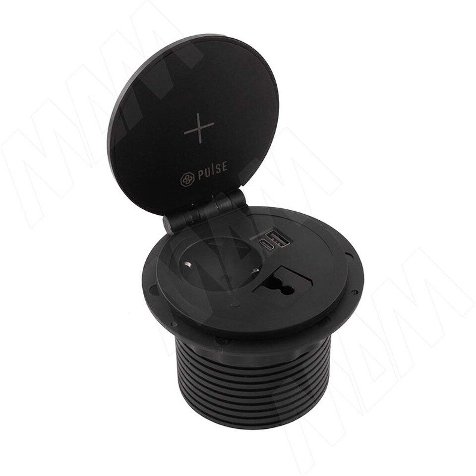 Фото PULSE ФЛИП Блок розеток с откидной крышкой,  d=105 мм, 1 розетка, 1 USB, 1 USB Type-C,  быстрая зарядка, беспроводная зарядка, черный, FLIP (FU-80-1S1A1C-FWH-BL)