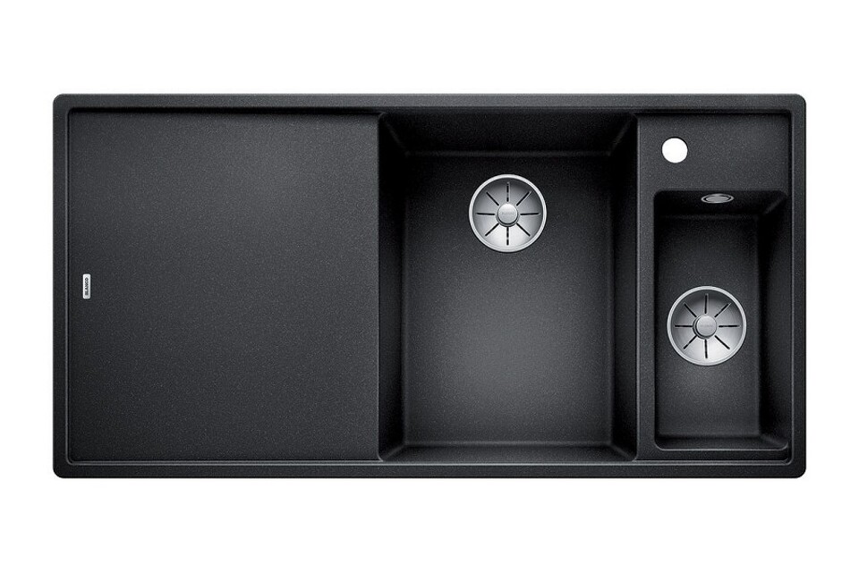 Фото Гранитная мойка Blanсo AXIA III 6 S SILGRANIT PuraDur антрацит чаша справа, разделочный столик ясень c кл.-авт. InFino