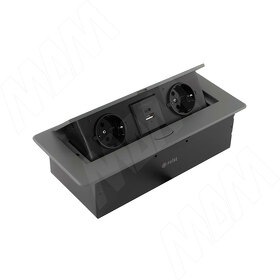 Картинка PULSE ПОП-АП Выдвижной блок розеток, 265*118 мм, 2 розетки, 1 USB, 1 USB Type-C, быстрая зарядка, графит, POP-UP (PU-S-2S1A1C-F-GR)
