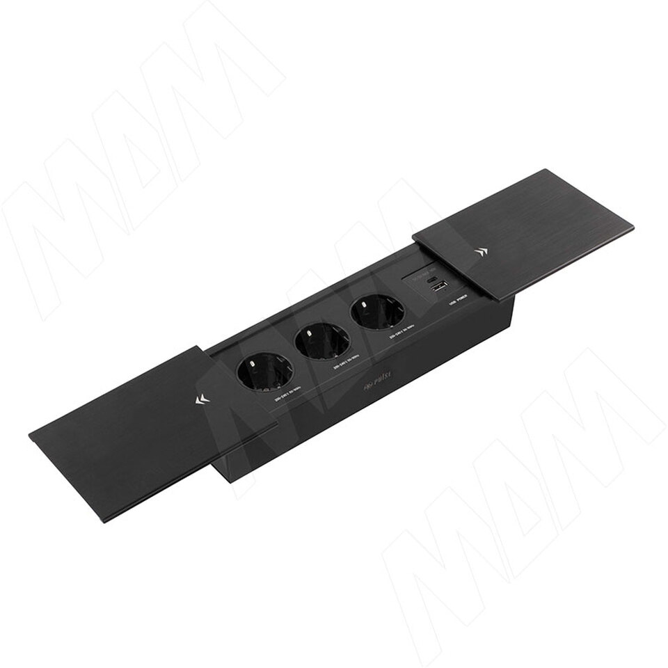 Фото PULSE СЛАЙД Блок розеток с раздвижными крышками, 280х72 мм, 3 розетки, 1 USB, 1 USB Type-C, быстрая зарядка, черный, SLIDE (SLS-S-3S1A1C-F2-BL)