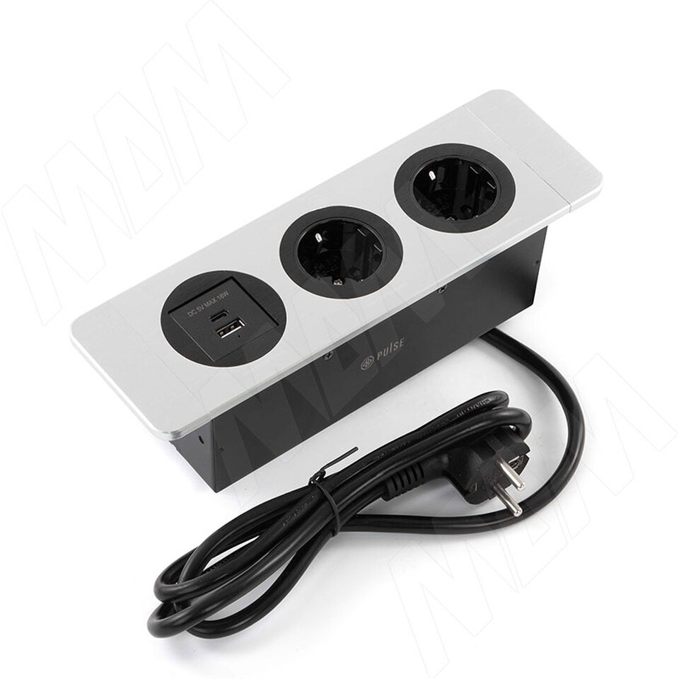 Фото PULSE ДЕСК Открытый блок розеток, 254*80 мм, 2 розетки, 1 USB, 1 USB Type-C, быстрая зарядка, серебро, DESK (DS-S-2S1A1C-F-AL)