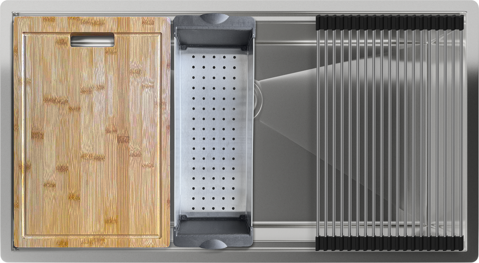 Фото Металлическая мойка Rivelato RINOX 8044 UN нерж.сталь 1 чаши 800*440*200 в комплекте (доска, коландер, рол мат)