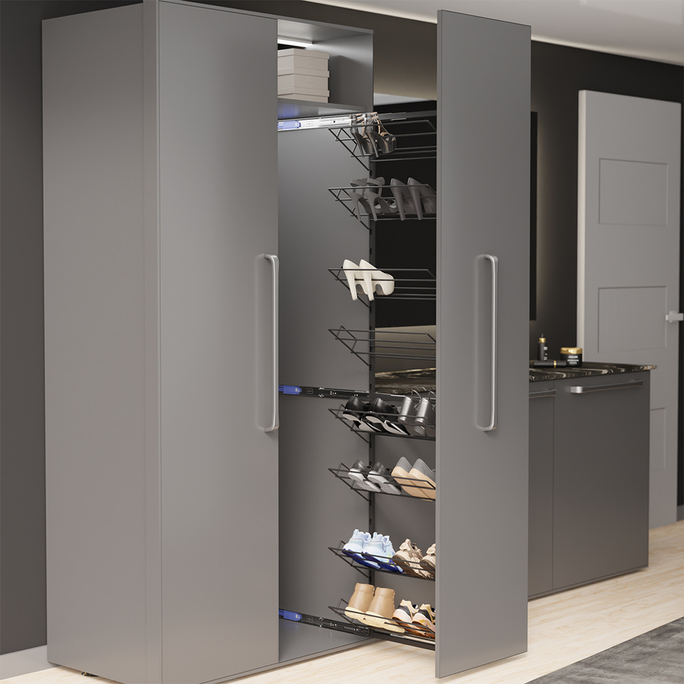 Фото Duslar Выдвижная обувница TALL HUGO с 8-ю полками, выдвижной фасад, ширина 227 мм, высота 1850 мм, антрацит