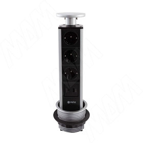 Картинка PULSE ПОСТ Выдвижной блок розеток, d=90 мм, 3 розетки, 1 USB, 1 USB Type-C, быстрая зарядка, серебро, POST (PO-90-3S1A1C-F-AL)