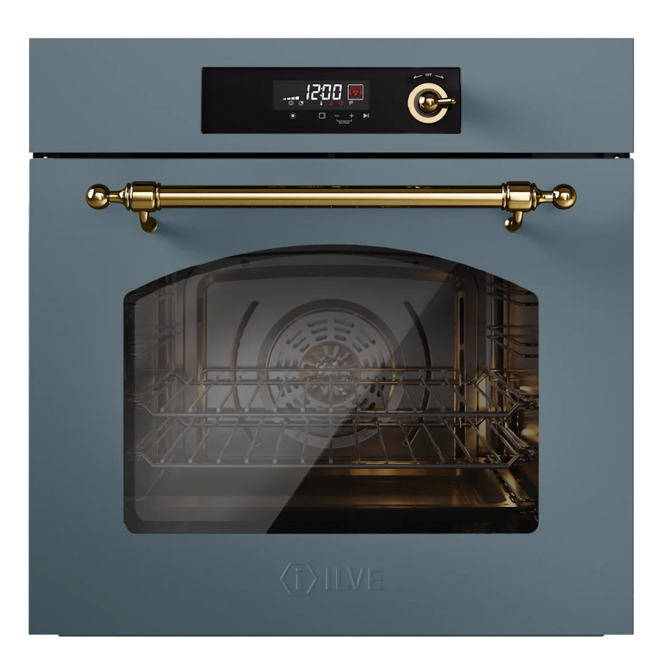 Фото Электрический духовой шкаф ILVE Nostalgie OV601NL3/BGG серо-голубой (фурн. латунь)