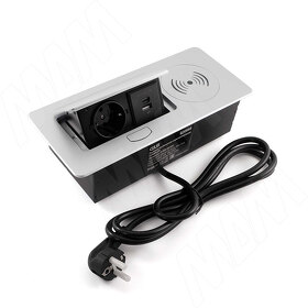 Картинка PULSE Выдвижной блок розеток, 265*118 мм, 1 розетка, USB, USB type-C, беспроводная зарядка, серебро (RBS-S-2USB-CW-SL)