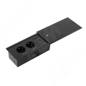 Картинка PULSE СЛАЙД Блок розеток со сдвижной крышкой, 190*100 мм, 2 розетки, 1 USB, 1 USB Type-C, быстрая зарядка, черный, SLIDE (SLS-S-2S1A1C-F-BL)