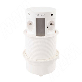 Картинка PULSE ПУФФ Выдвижной блок розеток, d=122 мм, 4 розетки, 2 USB, 2 USB Type-C, быстрая зарядка, беспроводная зарядка, белый, PUFF (PU-120-4S2A2C-FW-WH)