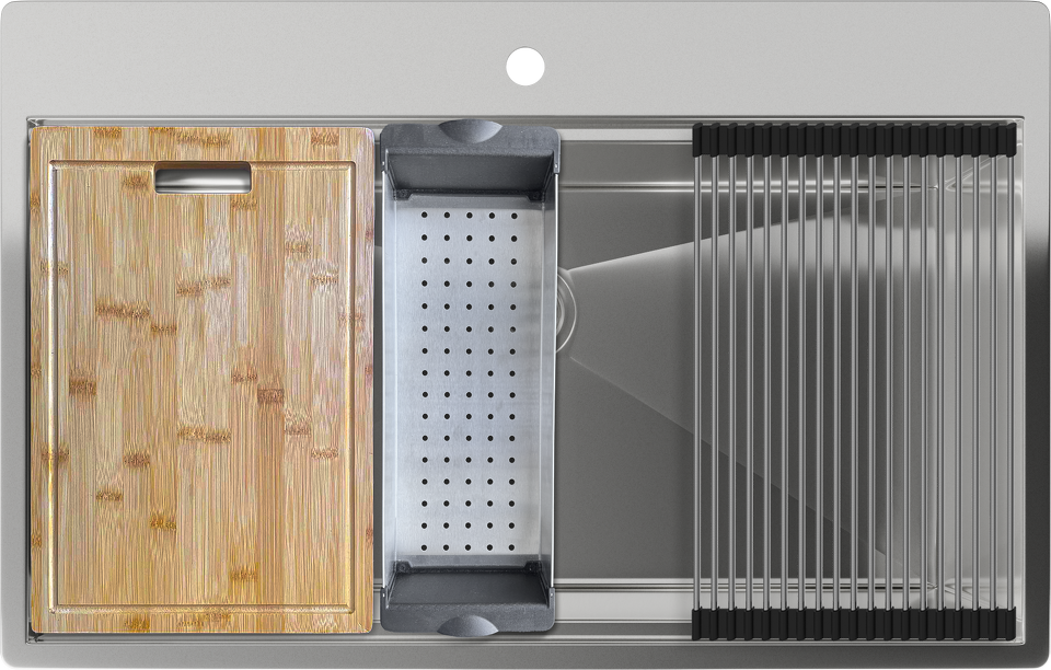 Фото Металлическая мойка Rivelato RINOX 8050 нерж.сталь 1 чаши 800*500*200 мм в комплекте (доска, коландер, рол мат)