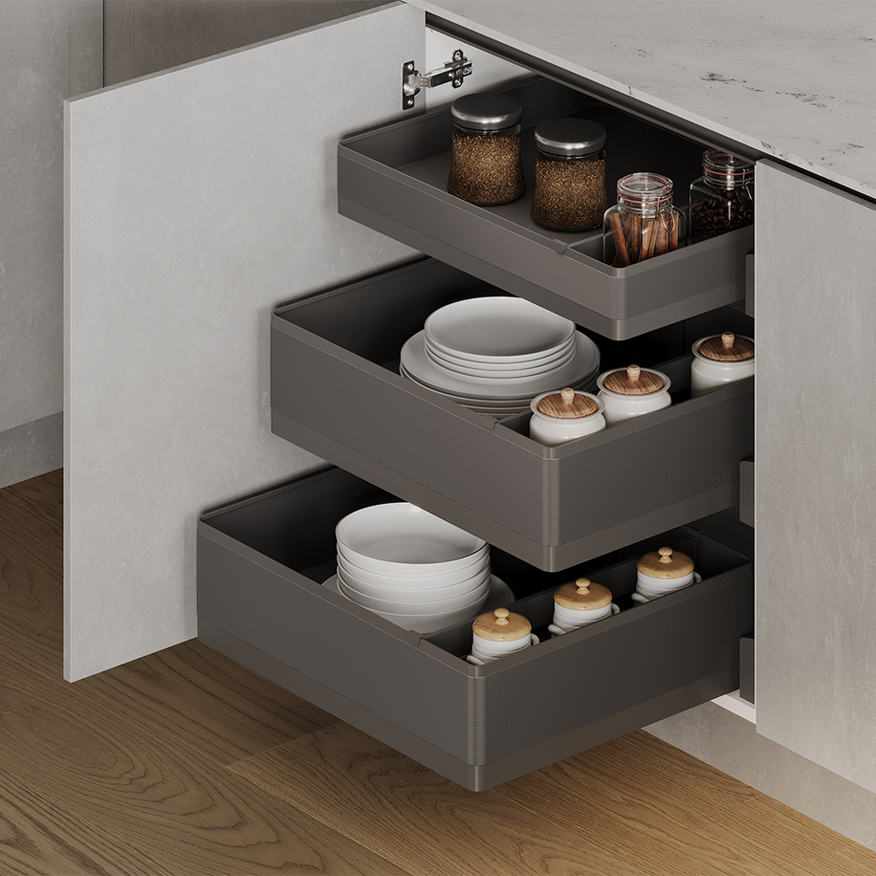 Фото Duslar Комплект из 3-х корзин TITAN, высотой 90.5 и 154.5 мм (2 шт.), распашной фасад 600 мм, антрацит