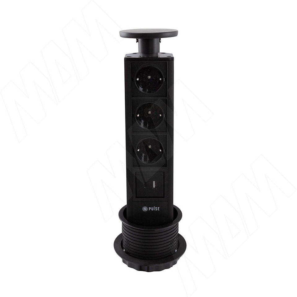 Фото PULSE ПОСТ Выдвижной блок розеток, d=90 мм, 3 розетки, 1 USB, 1 USB Type-C, черный, POST (PO-90-3S1A1C-BL)