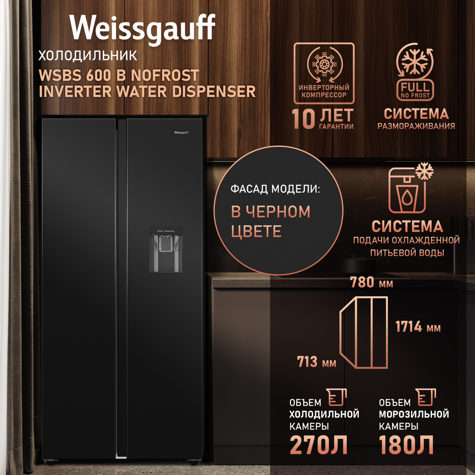 Фото  Холодильник side by side Weissgauff WSBS 600 B NoFrost Inverter Water Dispenser