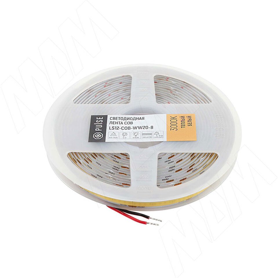 Фото PULSE ЛЮКС COB лента светодиодная, 336 диодов, 12V, 5 м, CRI 90, теплый белый 3000К, IP20, 8W/1м, LUX (LS12-COB-WW20-8)