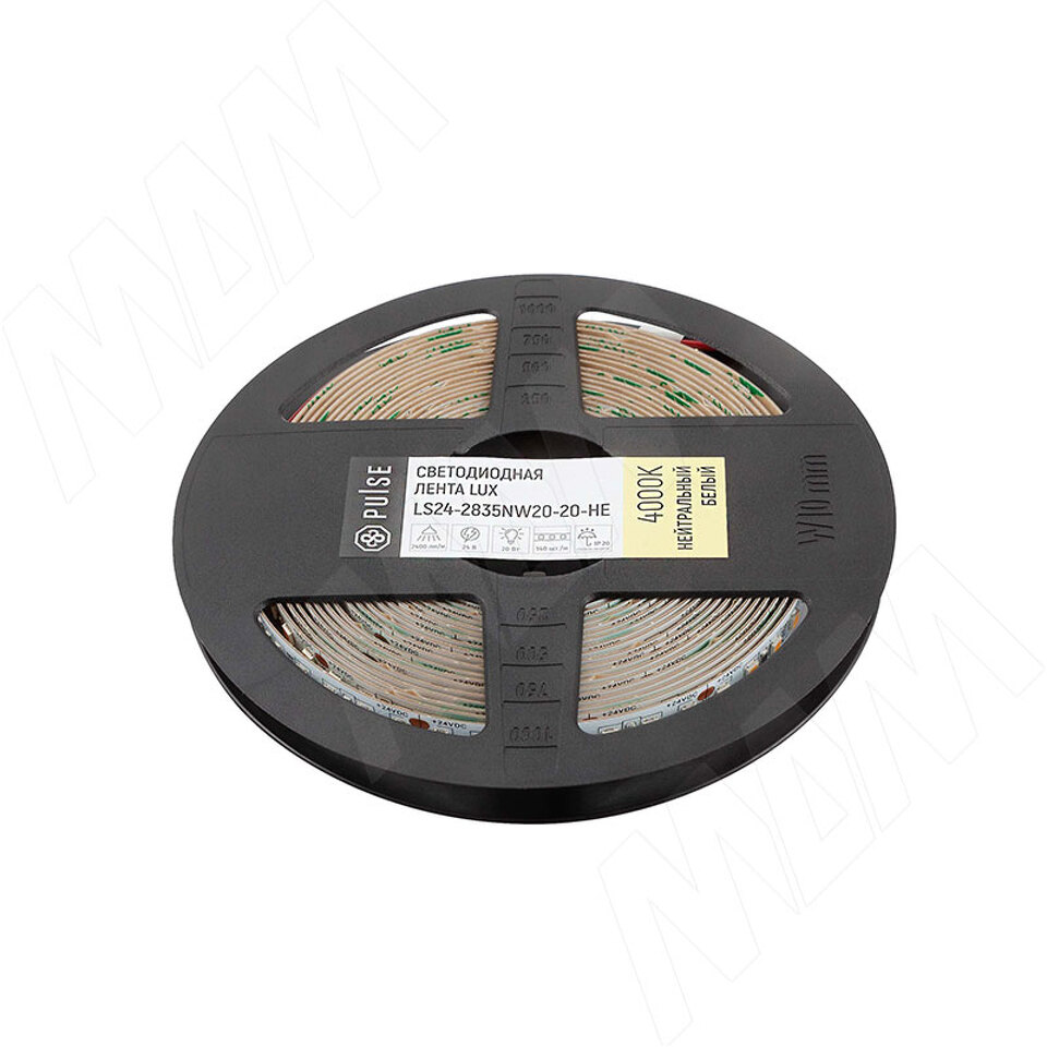 Фото PULSE ЛЮКС Лента светодиодная 2835/140, 24V, 5 м, сверхъяркая, CRI 90, нейтральный белый 4000К, IP20, 20W/1м, LUX (LS24-2835NW20-20-HE)