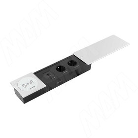 Картинка PULSE СЛАЙД Блок розеток со сдвижной крышкой, 350*100 мм, 2 розетки, 1 USB, 1 USB Type-C, быстрая зарядка, беспроводная зарядка, серебро, SLIDE (SLS-S-2S1A1C-FW-AL)