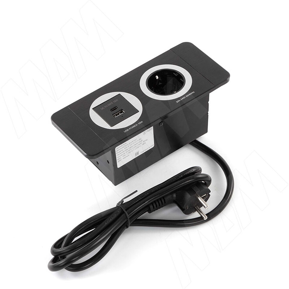 Фото PULSE ДЕСК Открытый блок розеток,  188*80 мм, 1 розетка, 1 USB, 1 USB Type-C, быстрая зарядка, черный, DESK (DS-S-1S1A1C-F-BL)